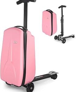 iubest Luggage Carry On Scooter Suitcase for Kids Age 4-15, Detachable & Foldable 4 in 1 Suitcase, Multifunctional Ride On Travel Trolley Scooter Combo-Pink