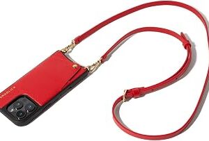 Bandolier Emma Crossbody Wallet Phone Case for iPhone 15 Pro Max. 100% Genuine Pebble Leather. Adjustable & Removable Crossbody Strap. Card Holder with Snap Closure. Red with Gold Hardware