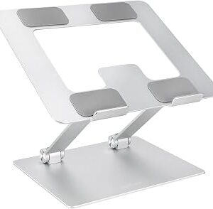 Amazon Basics Sturdy and Portable Ergonomic Laptop Stand for Desk, Height Adjustable Riser with Ventilated Cooling, Foldable, Fits all Laptops up to 15.6 Inch, Silver
