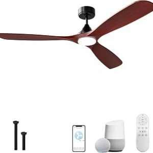 60 Inch Ceiling Fan with Lights, Solid Wood Blades Smart Ceiling Fan with Remote and App Controls, ETL Quiet DC Motor 6 Speed, Timing, High CFM, Dimmable LED Light for Home Office, Red Walnut