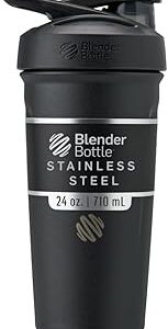 BlenderBottle Strada Shaker Cup Insulated Stainless Steel Water Bottle with Wire Whisk, 24-Ounce, Black