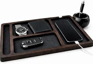 Desk Organizer Tray for Men with Ceramic Pen Holder, Wooden Valet Tray, Minimalist EDC Catchall for Phone, Wallet, & Keys, Nightstand Bedside Entryway Organizer, Birthday Gift for Men, Dad, Husband