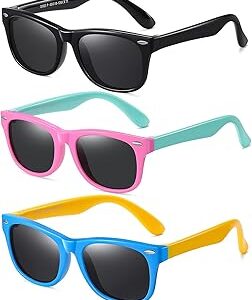 DYLB Kids Polarized Sunglasses for girls boys 3 Pack, Flexible TPEE Rubber Frame for Children Age 3-8.