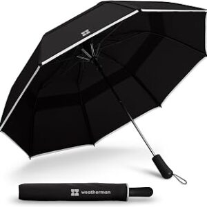 Weatherman Premium Collapsible Travel Umbrella - Windproof, Compact, Easy Auto Open - Resists Up to 55 MPH Winds - Perfect for Rain, Wind, Backpack, Car - Folding Umbrella (Black)