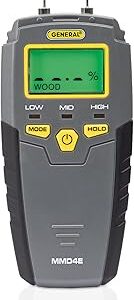 General Tools MMD4E Digital Moisture Meter, Water Leak Detector, Moisture Tester, Pin Type, Backlit LCD Display With Audible and Visual High-Medium-Low Moisture Content Alerts, Grays
