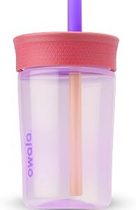 Owala Kids Insulation BPA-Free Plastic Tumbler with Spill Resistant Flexible Straw, Easy to Clean, Kids Water Bottle, Great for Travel, Dishwasher Safe, 15 Oz, Pink and Purple (Lilac Rocket)