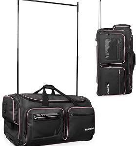 Fanwoli 28 Dance Bag with Garment Rack | Upgraded Stable System & Fabric | More Lightweight & Wear-Resistant | Ideal Competition Rolling Duffle Bag | Black/Pink Trim