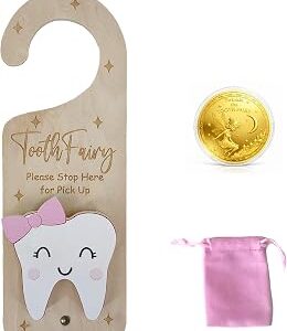 PAMBO Tooth Fairy Door Hanger, Wooden Tooth Fairy Money Holder with Tooth Coins for Lost Tooth Kids Gifts (Pink)