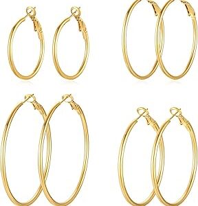 4 Pairs Silver Gold Hoop Earrings for Women | 14K Gold Plated Hoop Earrings Set Hypoallergenic Earring Lightweight Dangle Earrings Set