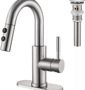 Kablle Bathroom Sink Faucet with Pull Down Sprayer, Brushed Nickel Single Handle Pull Out Faucet with Pop-Up Drain, 1 or 3 Hole Laundry Bar Basin Faucet with Deck Plate, KBL-7002BN-CL