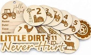 SM Design Baby Milestone Markers Set of 12 + Birth Announcement Sign | Monthly Baby Photo Props | First Year Milestones | Nursery Wall Decor | Hobby Theme (Farm)