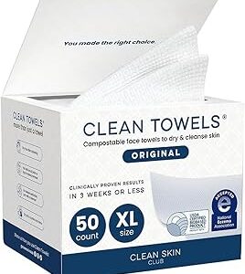 Clean Skin Club Clean Towels XL®, 100% USDA Biobased Face Towel, Disposable Face Towelette, Eczema Association Accepted, Makeup Remover Dry Wipes, Ultra Soft, 1 Pack, 50 Ct