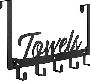 Azmoncy Over The Door Hooks, Towel Rack Towel Hooks for Bathroom, Towel Holder for Hanging Heavy Duty, Door Rack Over Door Hanger with 5 Coat Hooks for Bedroom Bathroom Kitchen, Black