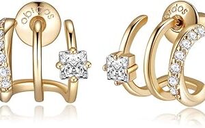 Obidos 14K Gold Plated Illusion Stud Earrings for Women | Triple Huggie Hoop Earrings for One Hole| Trendy Simple Hypoallergenic Fashion Accessories Gold Jewelry Gifts for Womens