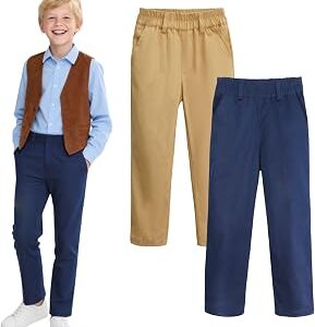 HILEELANG Kids Boy School Uniform Pants Stretch Cotton Chino Navy Khaki Trousers Sizes 4-16, 1 or 2 Pack