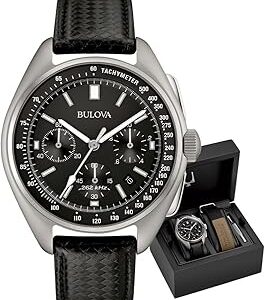 Bulova Men's Archive Series Lunar Pilot 6-Hand Chronograph High Performance Quartz Stainless Steel and Black Nylon Strap Watch Set, Sapphire Crystal Style: 96B251