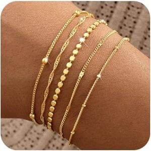Gold Bracelets for Women, 14K Gold Plated Stackable Bracelet Stack Set Adjustable Charm Paperclip Chain Snake Link Layered Waterproof Jewelry Sets Gifts