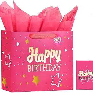 Powbrace 13 Pink Happy Birthday Gift Bag with Tissue Paper and Greeting Card for Party,Happy Birthday Gift Bag for Men Women,Gift Bags Medium size(1 PCS Pink Hot Stamping)