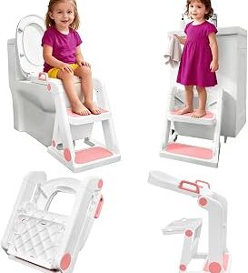 Potty Training Seat, Primlect Upgrade Toddler Toilet Seat for Kids Boys Girls, 2 in 1 Potty Training Toilet with Step Stool, Adjustable Seat, Non-Slip Pad, Splash Guard (Soft Pink)