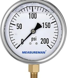 MEASUREMAN Glycerin Filled Plumbing Pressure Gauge 0-200psi Stainless Steel Case, 4 Dial 1/4 NPT Brass Lower Mount, Suitable for Pneumatic Tools, Water Filtration & Industrial Hydraulic Systems