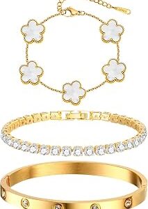Womens Stackable Floral Gold Bracelets - 3Pcs 18K Gold Plated Bracelet,Stainless Steel Bangle Bracelets Non Tarnish, Gold Bracelet Set Trendy Jewelry,Christmas Valentines Birthday Gifts for Girlfriend