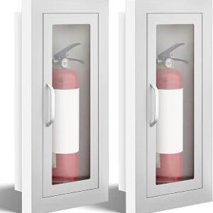 Zonon 2 Pcs Semi Recessed Fire Extinguisher Cabinet Box Steel Recessed Wall Cabinet, Magnetic Door with Handle, Acrylic Window, 2.5 Inch Trim, for 2.5/5/10 lb Dry Chemical Fire Extinguisher (White)