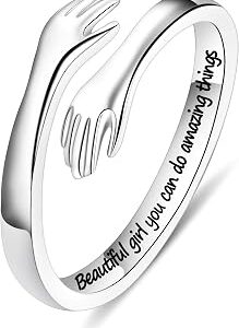 Yesteel S925 Sterling Silver Hug Ring for Women Teen Girls, Adjustable Ring Jewelry Mothers Day Birthday Gifts for Daughters Mom Sister Wife Friends Grandma