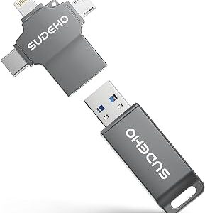MFi Certified Photo Stick 128GB USB Flash Drive for iPhone, 4 in 1 External Memory Thumb Drive for Picture Video Data Backup, High Speed Memory Stick USB Drive for iPhone/iPad/Android/PC (Gun Black)