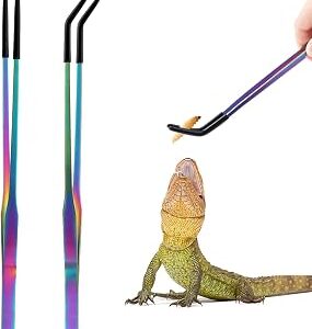OLIISS Stainless Steel Reptile Feeding Tongs with Rubber Tip - 10.6 Straight & Curved Tweezers for Aquariums & Crafts - Feeder Tools for Bearded Dragons & Lizards - Terrarium Tank Supplies - 2 Pack