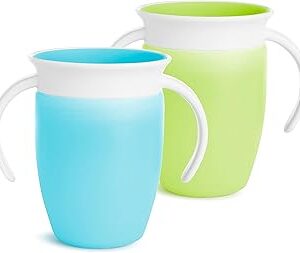 Munchkin Sippy Cup for 6 Month Old and Up, Spill Proof Miracle 360 Toddler Cups with Transition Handles, 7 Ounce, 2 Pack, Blue/Green