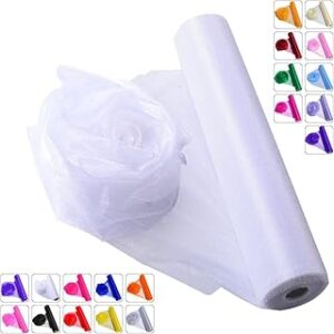 Crystal Organza Fabric Tulle - 16 by 50 Yards Sheer Fabric for Wedding Party Decoration Bridal Shower Tutu Roll Netting Spool Ribbon Wrapping (White)