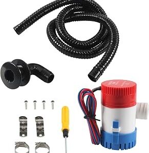12v 1100 Gallons/Hour Marine Bilge Pump Kit, Includes 1-1/8 Diameter Bilge Pump, 6.5' Hose, 2 Stainless Steel Hose Clamps, And Hull Penetration Fitting. Suitable for Fishing Boats, Speedboa
