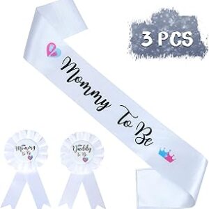 HAPPYLAND Gender Reveal Decorations Sash and Tinplate Badge Mommy to Be and Daddy to Be Baby Shower