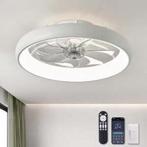 LUDOMIDE Ceiling Fans with Lights and Remote, 20'' Low Profile Flush Mount, 6 Wind Speeds, Modern Dimmable LED Ceiling Fan, Smart Ceiling Fan for Bedroom, Kids Room (White)