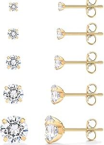 PAVOI Waterproof Five Pairs Stud Earrings for Women - 14K Gold Plated Stainless Steel Pack of 5 Cubic Zirconia Earrings for Men and Women - Hypoallergenic Premium CZ Studs Set