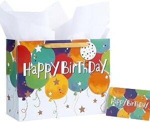 Loveinside Colorful Birthday Gift Bag, Balloons Pattern with HAPPY BIRTHDAY Text, Matching Tissue Paper, Greeting Card and Tag, Ideal for Kids' Birthday Gifts, 13 x 5 x 10, 1 Pcs