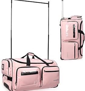 Fanwoli 28 Dance Bag with Garment Rack | Upgraded Stable System & Fabric | More Lightweight & Wear-Resistant | Ideal Competition Rolling Duffle Bag | Pink/Black Trim