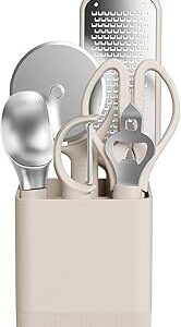 bella 7-Piece Modular Gadget Set, Grater, Pizza Cutter, Ice Cream Scoop, Peeler, Shears, Bottle Opener, Crock with removable divider, Dishwasher Safe, Oatmilk