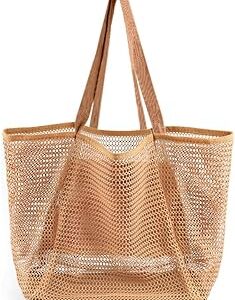 Beach Bags for Women, Summer Travel Mesh Tote Bag with Large Inner Pocket, Sandproof Woven Shoulder Handbag
