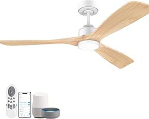Lorpies 52 Inch Wood Smart Ceiling Fans with Lights Remote,Voice Control via WIFI Alexa App,Quiet DC Motor,Outdoor Indoor Ceiling Fan,Dimmable,Modern Light Wood Lighting & Fan for Bedroom Patio Porch