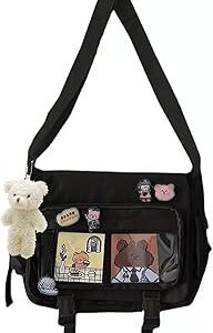 Kawaii Crossbody Ita Bag for Women with Pin & Plush Bear - Japanese Messenger Bags Y2K Shoulder Purse