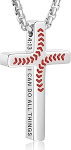 Baseball Bible Verse Cross Necklace for Boys Men, Stainless Steel Cross Pendant Baseball First Communion Confirmation Christian Religious Jewelry Gifts for Teen Boys Kids