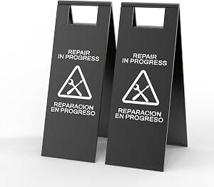 2 Pcs Maintenance Work in Progress Floor Sign , 24 Inch Stainless Steel Repair In Progress Sign Double Sided Foldable Bilingual Commercial Safety Warning for Hotel Market Restroom Restaurant Office (Black)