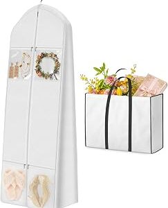 MISSLO Portable 70 Wedding Dress Garment Bag with Bride Tote Bag 8'' Gusseted Dress Bags for Gowns Long 4 Pockets Dress Cover for Women, White