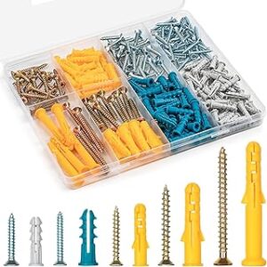 KURUI Drywall Anchors and Screws Assortment Kit 270PCS, 135 Plastic Dry Wall Expansion Anchors and 135 Phillips Flat Head Wood Screws, 5 Sizes Wall Hanging Kit for Art Decor, Replaces Picture Nails