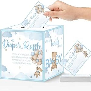 51 Pcs Bear Diaper Raffle Tickets with Diaper Raffle Card Box for Baby Shower Supplies, Blue Bear Themed Insert Card, Advice and Wishes Insert Ticket
