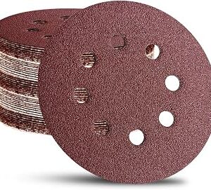 52 Pack 5 Inch 8-Hole Hook and Loop Sanding Discs Sandpaper Red Round 60 80 120 220 320 Mixed Grits Sandpaper for Random Orbital Sander