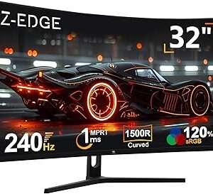 Z-Edge 32 inch Curved Gaming Monitor, FHD 1080P 240Hz Curved Monitor,1500R Computer Monitor, MPRT 1ms Monitor, FreeSync, Low Blue Light, UG32P 1X DP and 2X HDMI