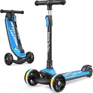 Besrey Kick Scooter for Kids Ages 3-10, 3-Wheel Folding Scooter with Adjustable Height, LED Light Wheels, Extra Wide Deck for Outdoor Activities