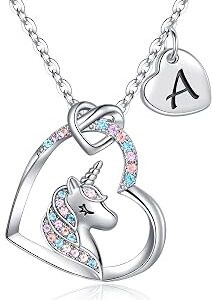 Hidepoo Unicorn Gifts for Kids Girls - Unicorn Necklaces for Girls Kid, Colorful CZ Heart Pendant Initial Unicorns Necklaces for Girl Kids Jewelry Birthday Gifts for Girl Kid